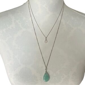 Layered Silver Necklace with Tiered Green and Pale Pink Gemstone Pendants